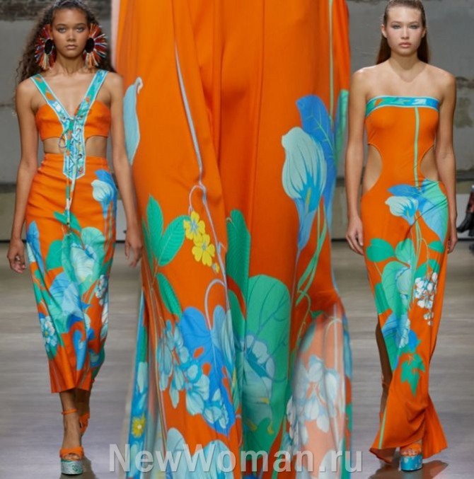 горячий тренд летней моды 2023 - платья из купонной ткани с очень крупным цветочным или растительным рисунком
