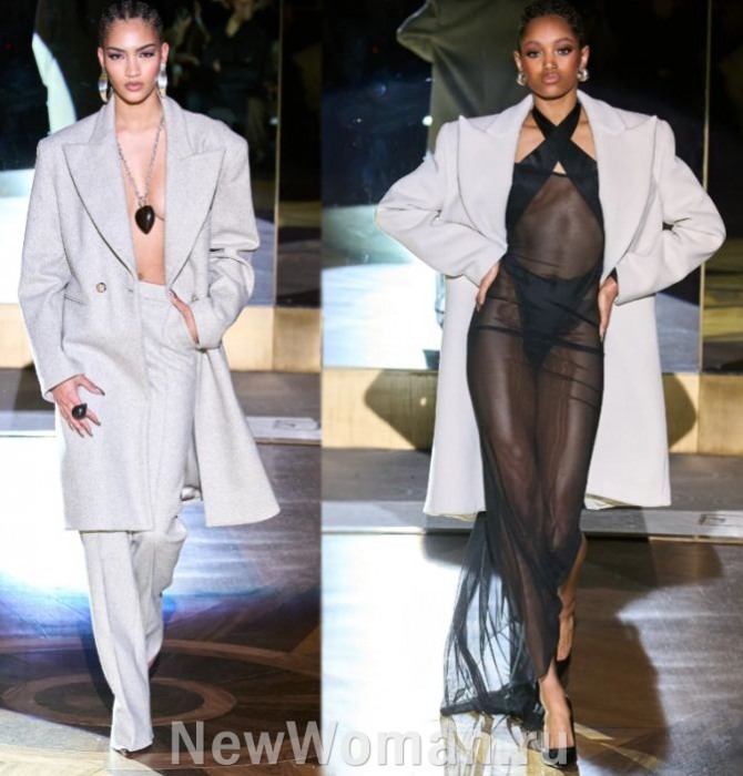 элегантные женские пальто 2024 года светло-серого цвета длиною до колена - луки с подиума LaQuan Smith Fall 2023, Нью-Йорк