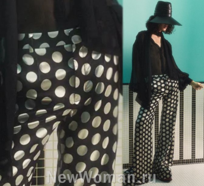 брючные тренды 2024 года от модного дома Balmain (Франция), PRE-FALL 2023 MENSWEAR - женские брюки клеш из черного шелка с крупным светлым горохом