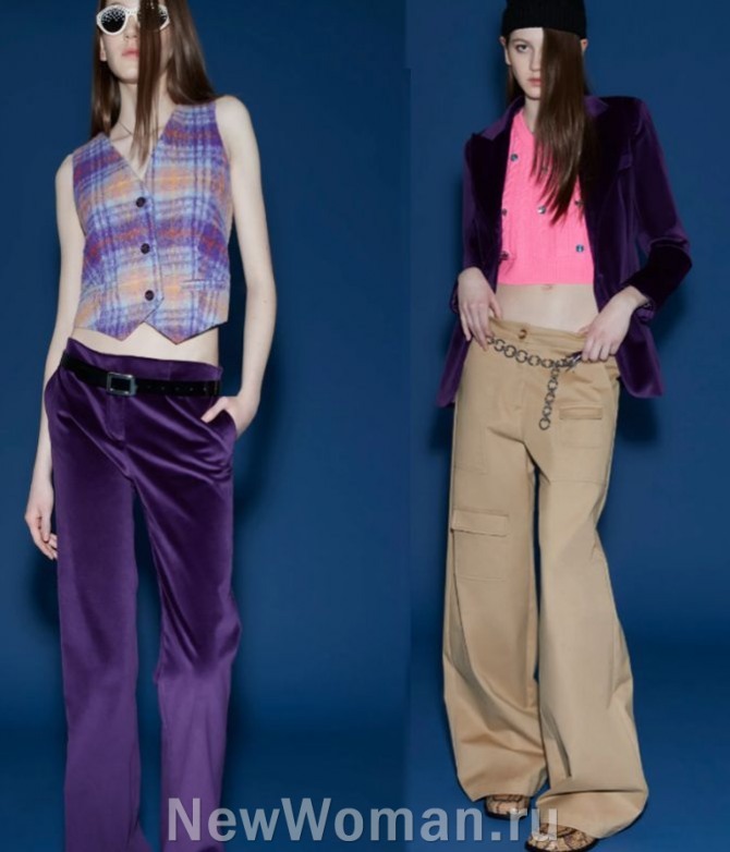 молодежная брючная мода 2024 года для девушек - фото из коллекции Vivetta Pre-Fall 2023, Италия, брюки-сигареты из велюра и расклешенные брюки-карго из плащевой ткани