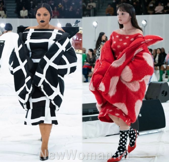 Женские пальто оверсайз в крупную клетку-сетку и крупный горох - тренды 2024 года от модного дома Marni (Италия). Показ женской одежды сезона Осень-Зима 2023-2004 в Токио