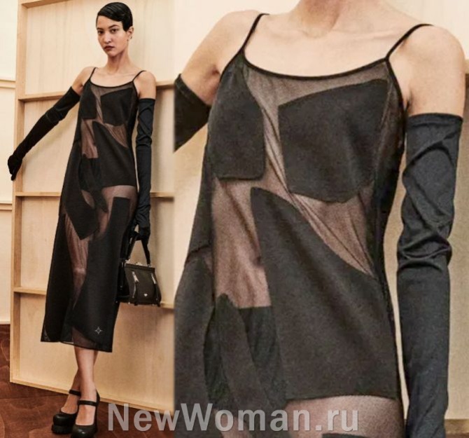 главные тренды вечерних платьев 2024 - прозрачное платье-комбинация из черной сетки с аппликациями-лоскутами из непрозрачного материала - мода из Италии