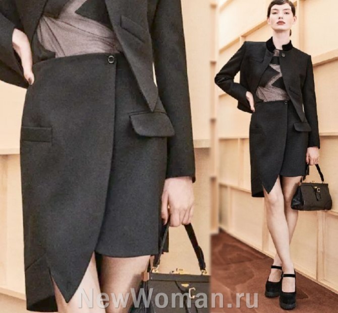 женский черный шерстяной костюм с юбкой необычного фасона - итальянские модные тренды на 2024 год и фото