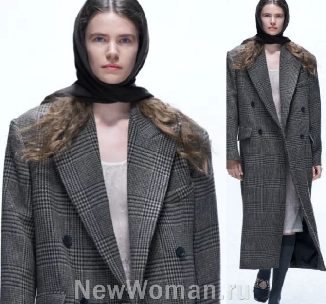 фото женского демисезонного шерстяного пальто 2024 года с принтом гленчек - виндзоская клетка