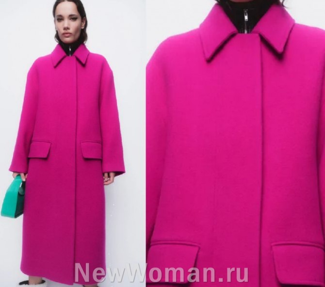 какие женские дизайнерские пальто самые модные весной  2024 года - цвета фуксии, в минималистическом стиле, сочетать с сумкой неонового зеленого цвета