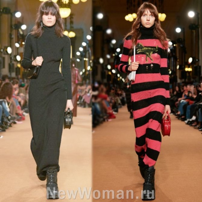 длинное платье-свитер сезона осень-зима 2024 облегающего силуэта - черное и малиновое с широкими черными горизонтальными полосами