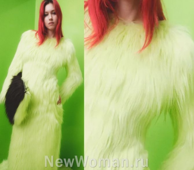 фото зимнего модного платья 2024 года из искусственного меха пастельно-салатового цвета