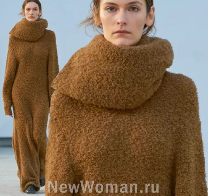 модель длинного зимнего платья-свитера в пол из буклированной пряжи коричневого цвета