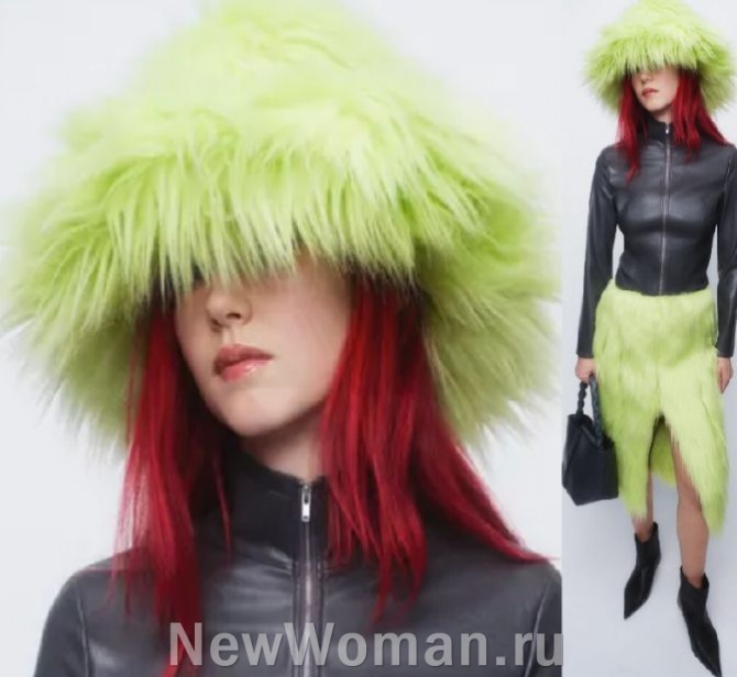 меховая женская шапка панама - из искусственного длинноворсового меха, цвет - неоново-зеленый, тренды 2024 года