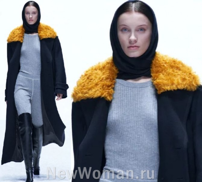 стильный зимний образ 2024 с черным женским пальто миди - с чем носить и сочетать модель в цветным меховым воротником