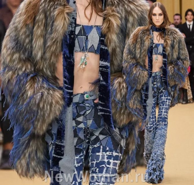 меховая куртка-жакет из искусственного меха с декором из синих перьев - зимняя мода 2024 из Италии