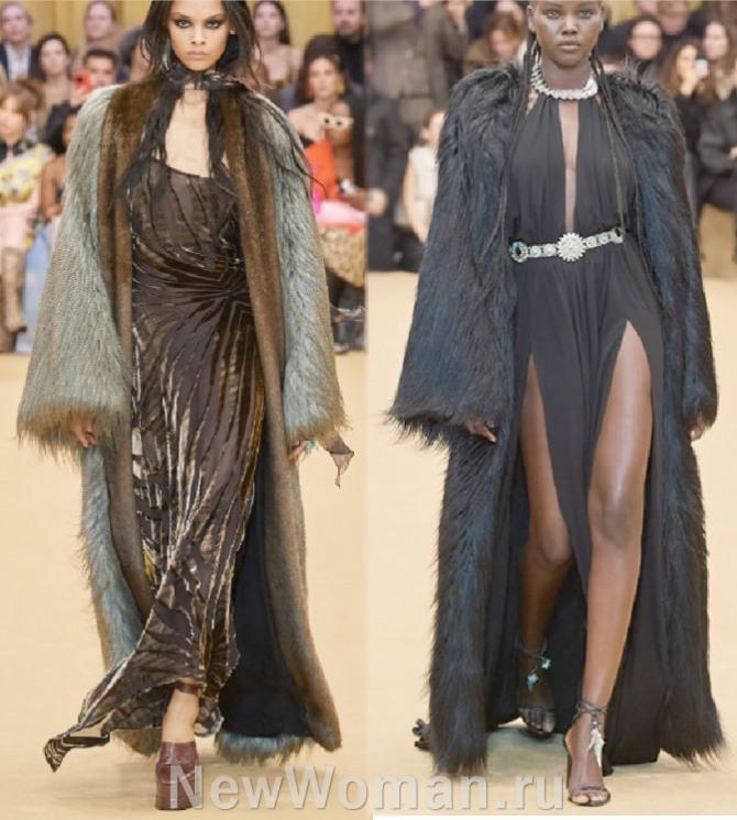 модный мех 2024 года из Италии - фото длинных женских пальто-халатов из длинноворсового искусственного меха, Roberto Cavalli (Италия) FALL 2023 READY-TO-WEAR