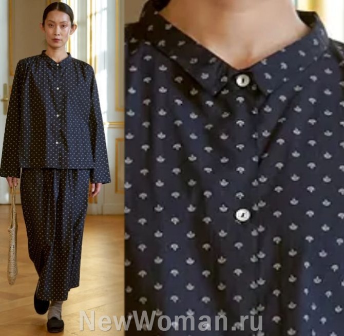 удобная и стильная одежда 2024 года для женщин 60,65,70,75 лет - костюм из хлопка черного цвета с принтом "серые грибочки" - блуза и длинная юбка