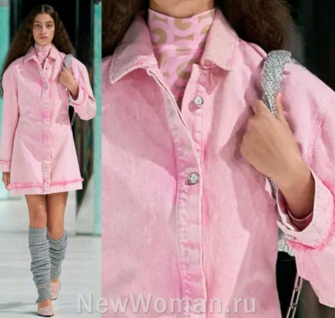 джинсовое повседневное розовое короткое платье-рубашка сезона весна 2024 в винтажном стиле