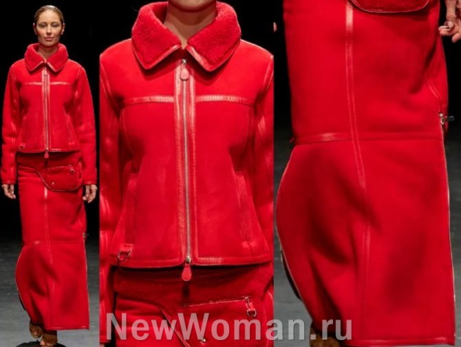 зимний роскошный люксовый костюм из красной овчины - куртка и длинная юбка в стиле тотал-ред - лучшие зимние тренды для женщин на 2024 год