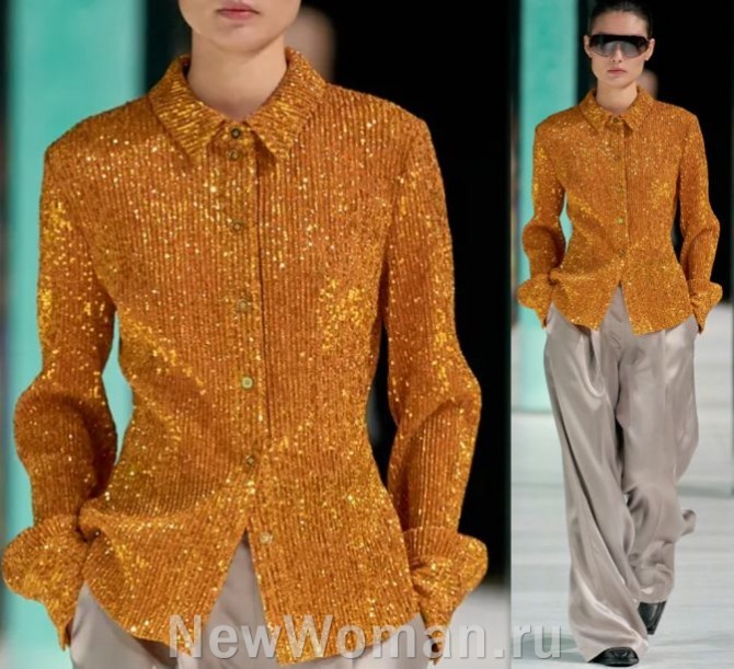 модные женские вечерние сверкающие блузы 2024 года - нарядная блузка на выпуск оранжевого цвета из пайеточной ткани - с длинными рукавами, в комплекте с брюками из жидкого шелка