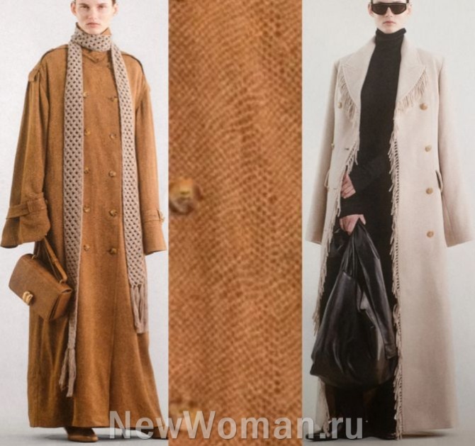 фото длинных женских пальто в пол сезона Осень 2024 года - модель терракотового цвета с принтом "чешую кобры" и бежевая модель пальто макси с бахромой