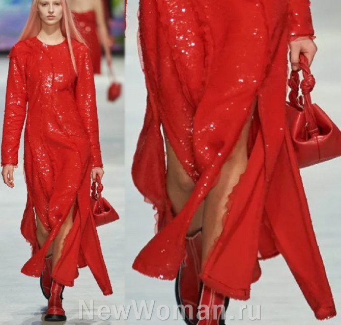 новогоднее модное платье 2024, блестящее красное приталенное платье с разрезами на юбке