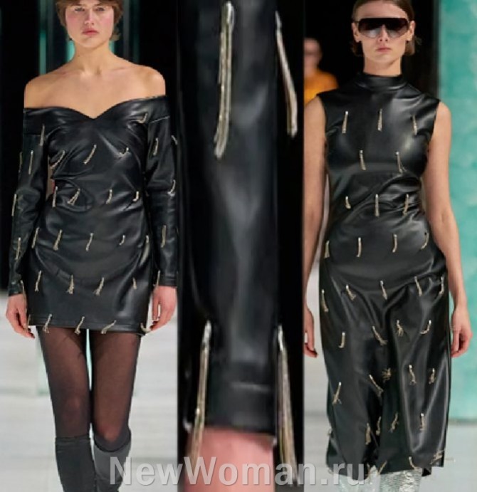 хиты вечерних кожаных черных платьев 2024 года с бриллиантовыми подвесками на полотне изделия