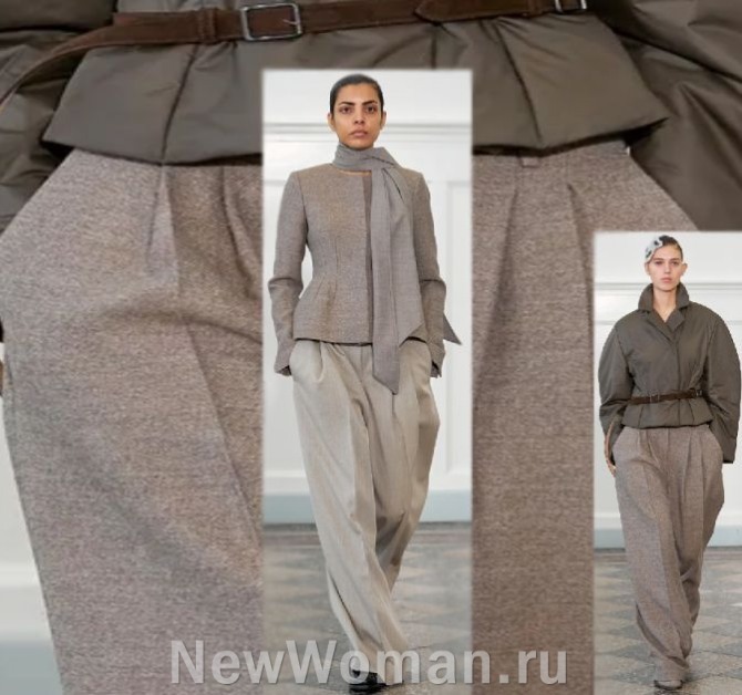 стильные модели женских шерстяных деловых широких брюк с защипами у пояса, с заниженной талией - модный показ на 2024 год