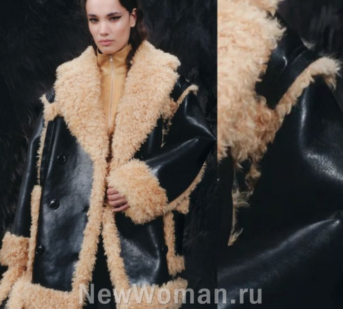 короткое женское кожаное черное пальто-дубленка оверсайз с двубортной застежкой с отделкой из меха цвета чайной розы - подиум 2024 года