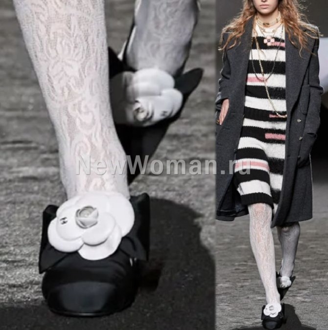 черные сатиновые туфли ри модного дома Шанель на 2024 год - с декором из крупного белого многослойного цветка