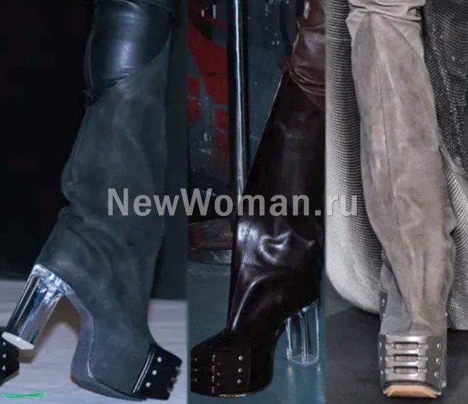 женские замшевые и кожаные сапоги 2024 года на платформе-гриль в носочной части и на празрачном пластиковом двенадцатисантиметровом каблуке 