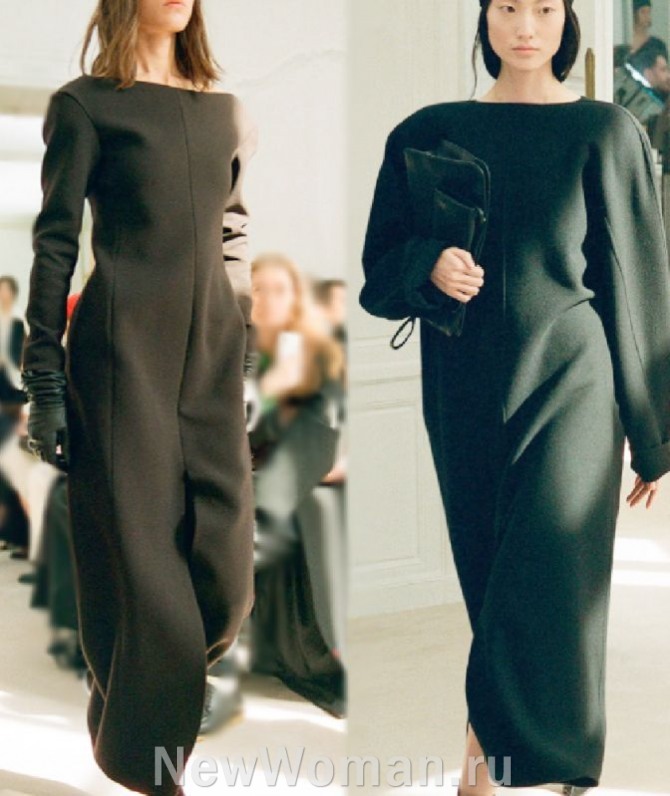 длинные кашемировые зимние платья в минималистическом стиле коричневого и черного цвета - без воротника, с покатыми плечами и длинными рукавами