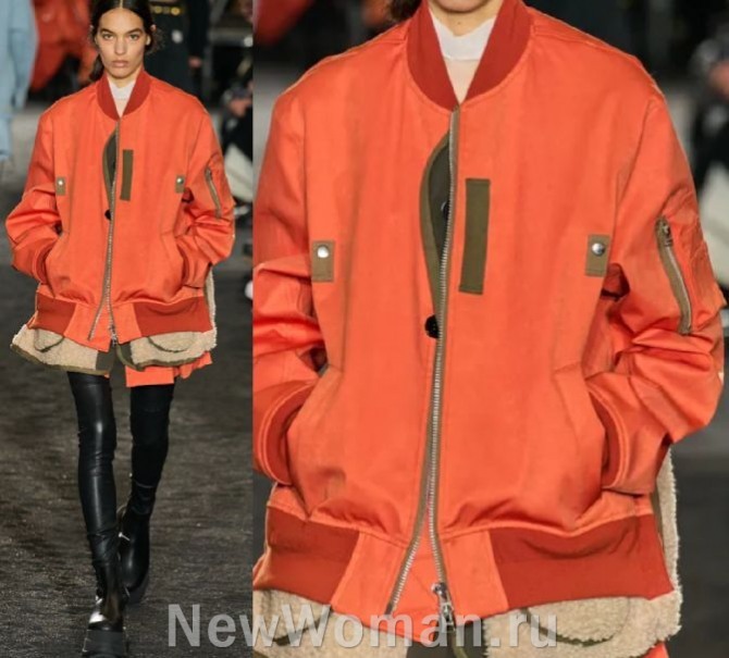 женская куртка бомбер в спортивном стиле со съемным нижним утеплителем из искусственного меха, модель томатного цвета с огненно-красной отделкой - мода 2024 года из Франции