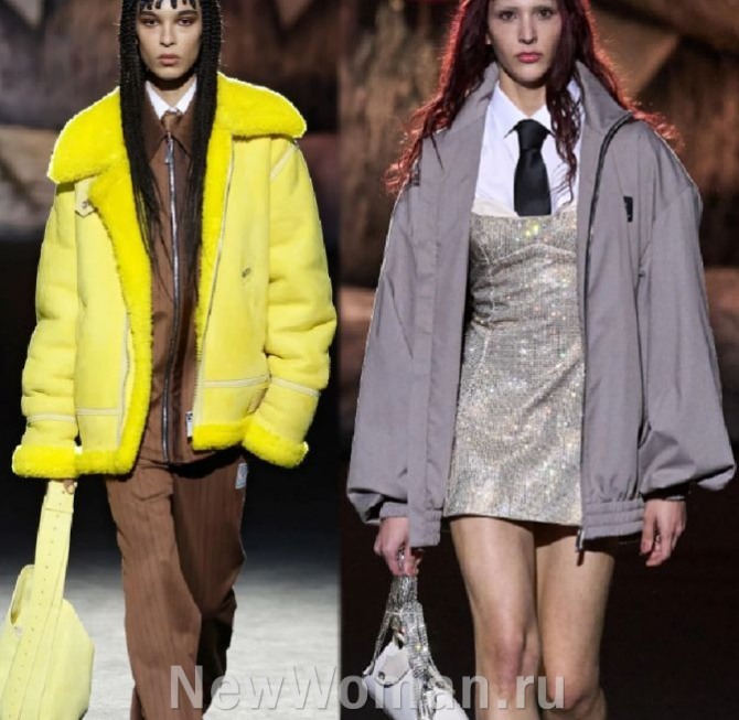 какие молодежные куртки для девушек в тренде в сезоне осень-зима 2024 года - из овчины желтого цвета с коричневым брючным костюмом, из серой плащевки поверх блестящего короткого платья - Миланская Неделя моды