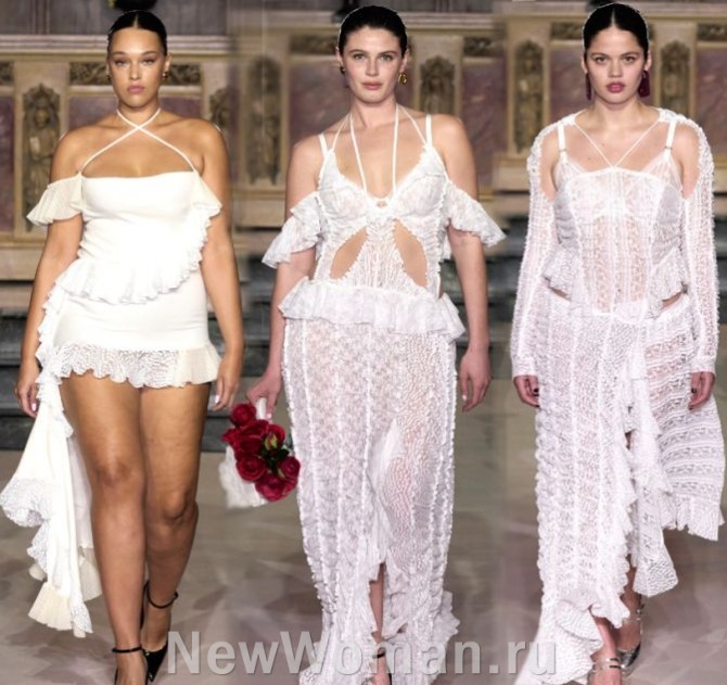 модные свадебные белые платья 2024 года для пышек из рубчатого трикотажа и эластичного кружева - мини и макси, с Парижской Недели моды