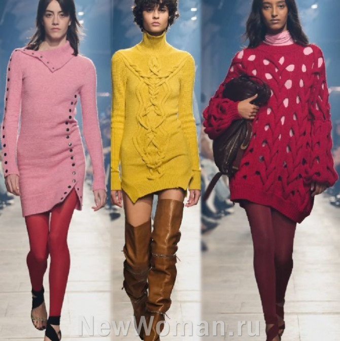 женская зимняя мода 2024 года из Франции - короткое платье-свитер, новинки с модных показов