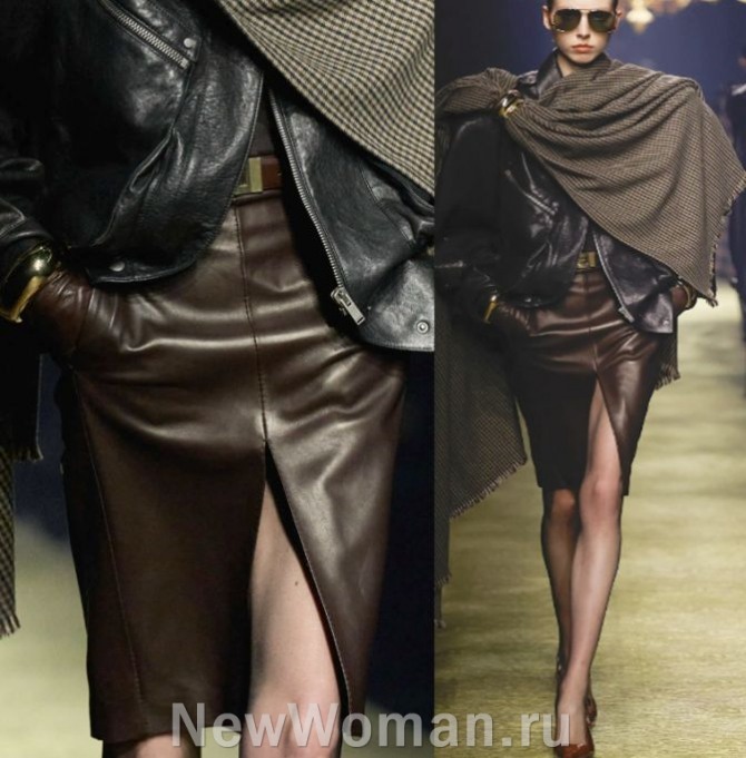 женская кожаная юбка 2024 года с Парижской Недели моды - узкая, прямая, чуть выше колена, с высоким разрезом