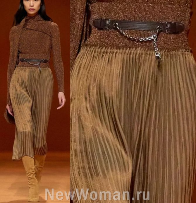 мода из Франции на 2024 год - женская плиссированная юбка миди с широким трикотажным поясом-резинкой