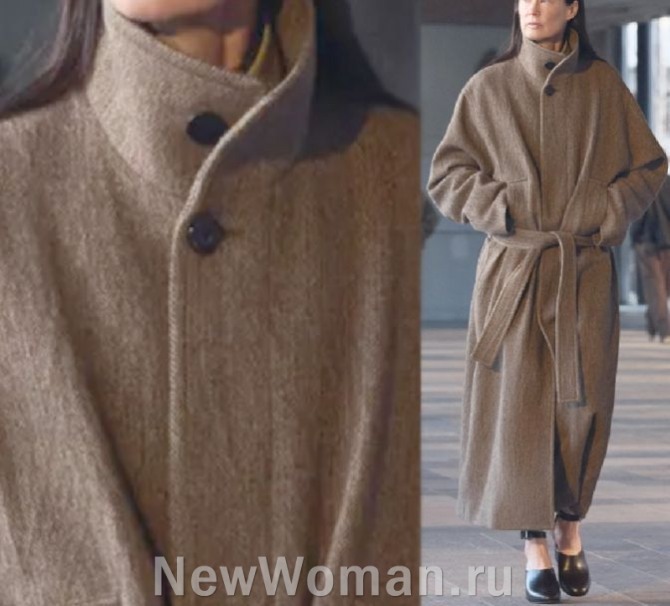 красивое элегантное женское шерстяное пальто цвета капучино из Франции, тренды 2024 года - с высоким стоячим воротником