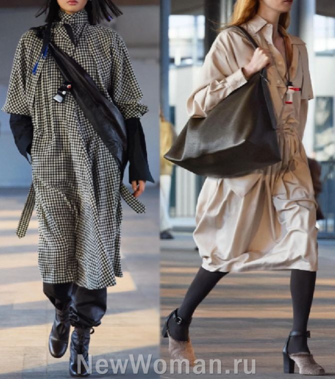 фото женских платьев из Франции в стиле кэжуал (хлопок, свободный крой, сочетание с черными брюками или колготами) - уличная моде Париж, 2024 год