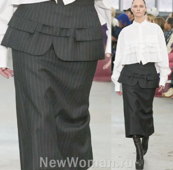 деловая юбка миди из мужской темной костюмной ткани в полоску с баской из отрезанных полос мужского пиджака