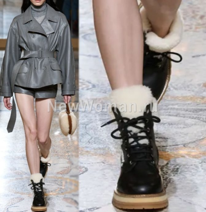 какие женские ботинки модные в сезоне осень-зима 2024 года - черные, со шнуровкой, на меху и на двухцветной контрастной подошве - фото с показа Ermanno Scervino, FALL 2023 READY-TO-WEAR (Миланская неделя моды)