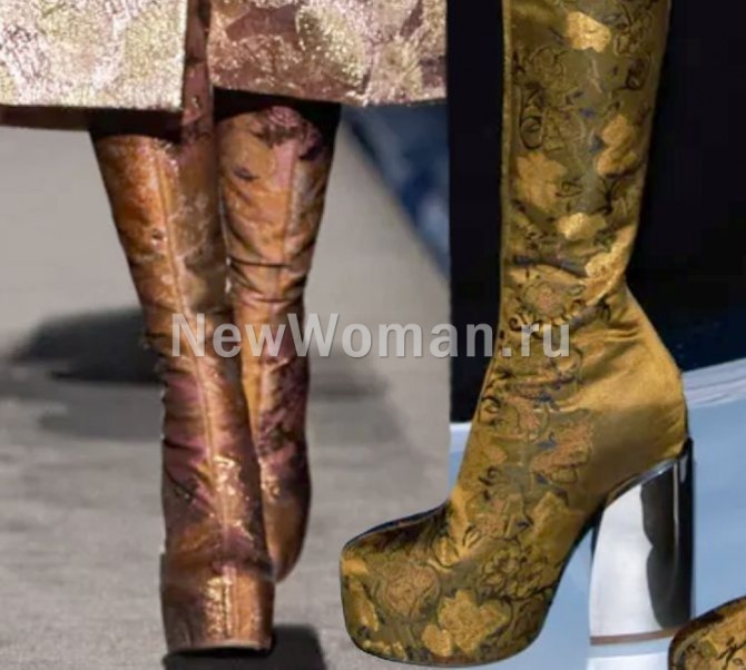 женские сапоги из парчи на высокой платформе в носочной части, с массивным металлическим каблуком - мода из Парижа на 2024 год