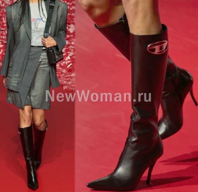 модели черных женских кожаных сапог 2024 года - на шпильке и с острым мысом с Миланской Недели моды