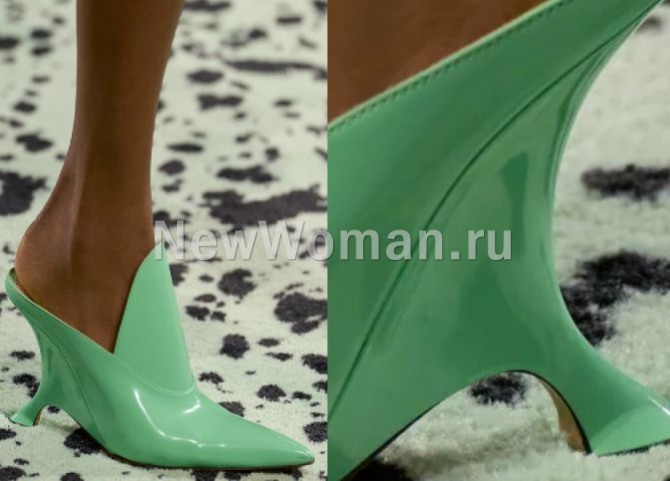 модели цветных туфель светло-зеленого цвета - мюли с консольным каблуком "замятая" и острым мысом