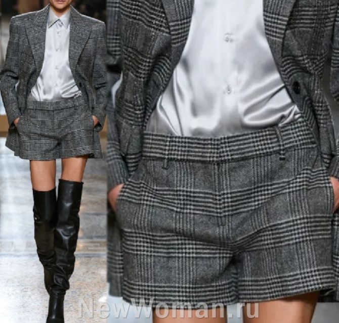 горячий тренд в женской костюмной моде 2024 года - комплекты пиджак плюс шорты мини, шерстяная ткань гленчек