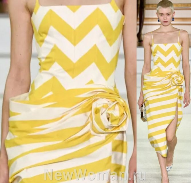 белое летнее платье 2024 на бретелях с принтом зигзаг желтого цвета
