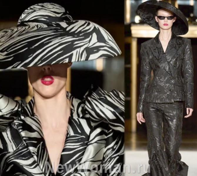 огроные женские шляпы к вечернему наряду в черно-белой цветовой гамме - мода 2024 года