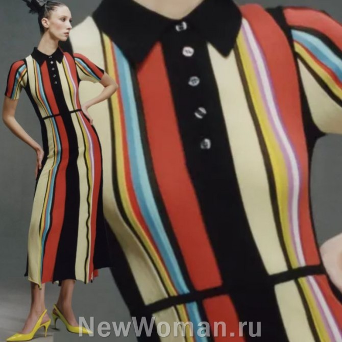 в женской моде 2024 года на платья важный тренд - трикотажные облегающие фигуру модели, на фото - трикотажное платье мультиколор