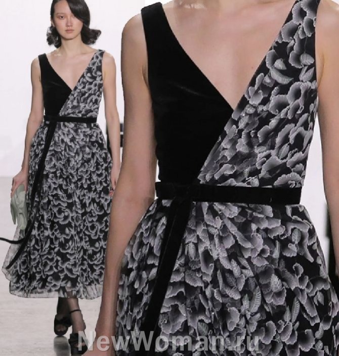 модное летнее платье 2024 года из креп шифона с черно-белым растительным принтом