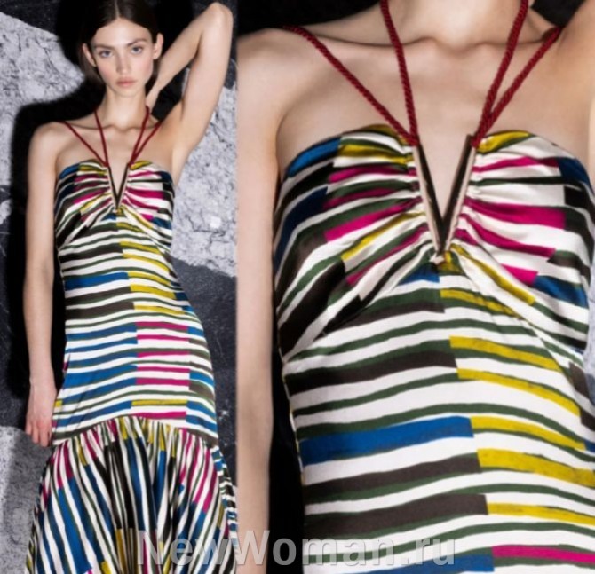 летние модные платья 2024 на тонких бретелях, в мультиколор цвете в разноцветную полоску