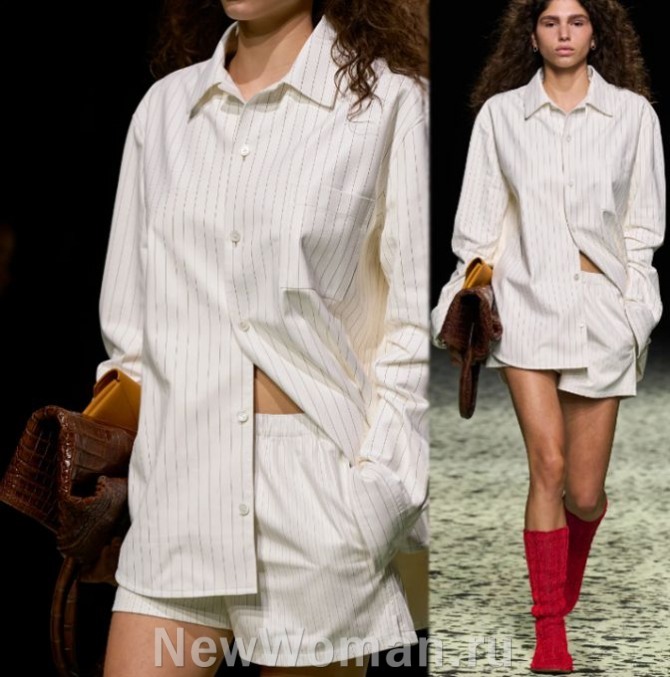 модный женский летний костюм 2024 из хлопка - шорты плюс блузка-рубашка навыпуск