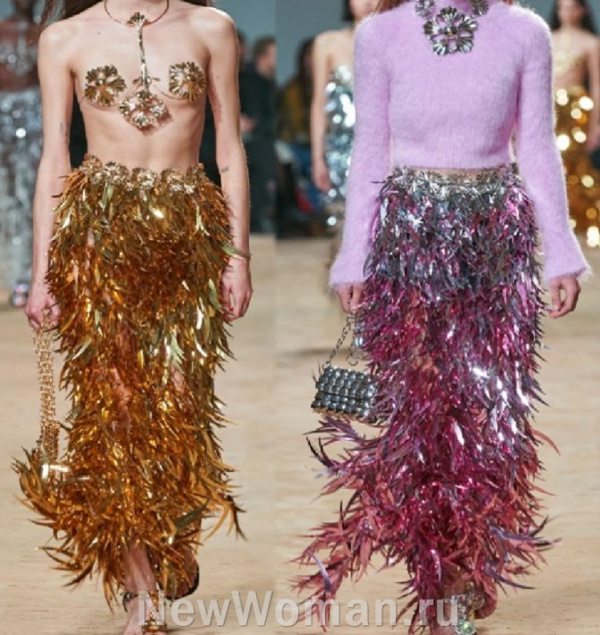 модные новогодние блестящие длинные нарядные юбки 2024 года с перьями 