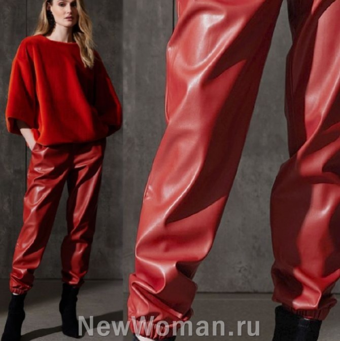 кожаные женские шаровары 2024 красного цвета из кожи с резинкой внизу штанин, длина - 7/8